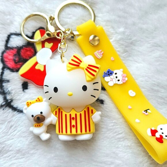 New Hello Kitty Keychain/Bag Charm in Yellow with Red Stripes - Picture 1 of 5